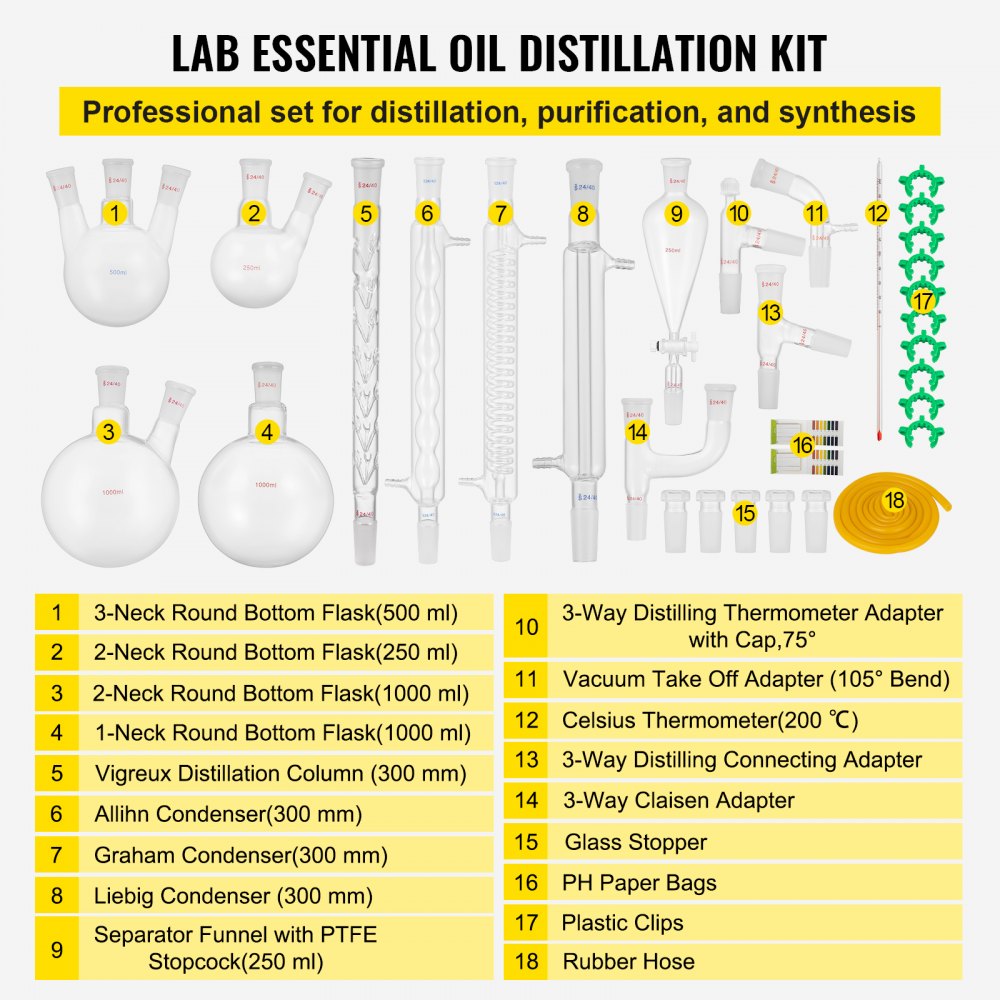 AMITOOLS New Laboratory Glassware 24/40 Chemistry Glassware 32PCS Chemistry Lab Glassware Kit 250 1000ml for Distillations Separation Purification Synthe（24/40, 32PCS）