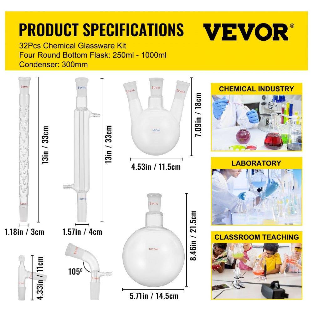 AMITOOLS New Laboratory Glassware 24/40 Chemistry Glassware 32PCS Chemistry Lab Glassware Kit 250 1000ml for Distillations Separation Purification Synthe（24/40, 32PCS）