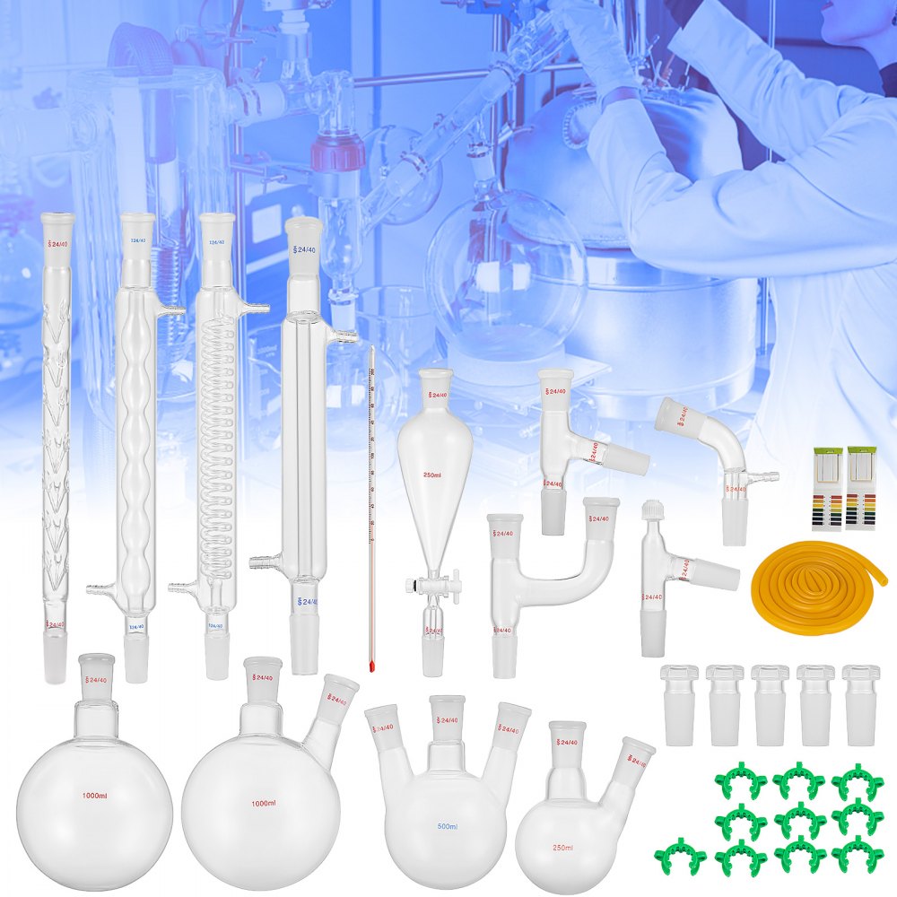 AMITOOLS New Laboratory Glassware 24/40 Chemistry Glassware 32PCS Chemistry Lab Glassware Kit 250 1000ml for Distillations Separation Purification Synthe（24/40, 32PCS）