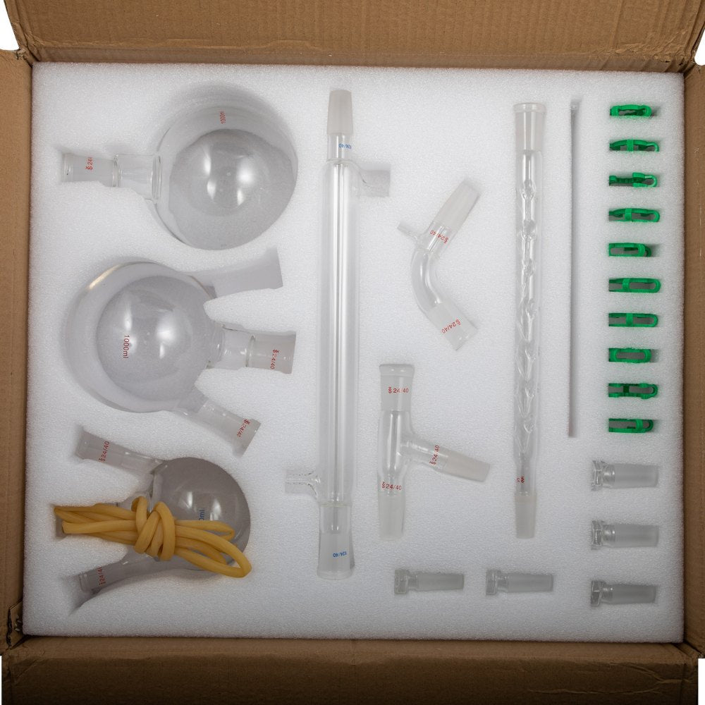 AMITOOLS New Laboratory Glassware 24/40 Chemistry Glassware 32PCS Chemistry Lab Glassware Kit 250 1000ml for Distillations Separation Purification Synthe（24/40, 32PCS）