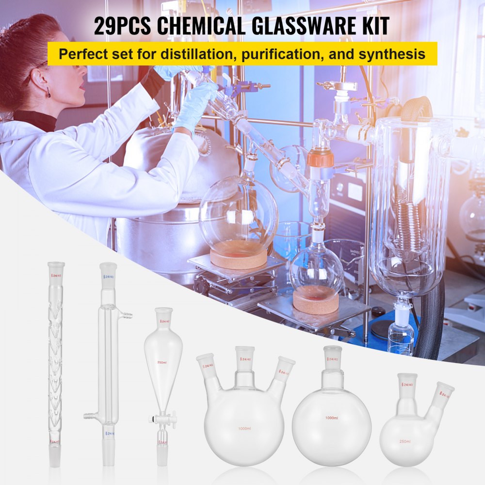 AMITOOLS New Laboratory Glassware 24/40 Chemistry Glassware 29PCS Chemistry Lab Glassware Kit 250 1000ml for Distillations Separation Purification Synthesis 24/40 29PCS