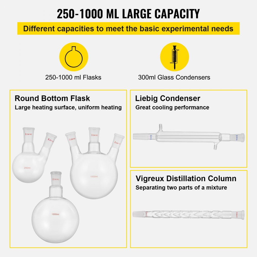 AMITOOLS New Laboratory Glassware 24/40 Chemistry Glassware 29PCS Chemistry Lab Glassware Kit 250 1000ml for Distillations Separation Purification Synthesis 24/40 29PCS