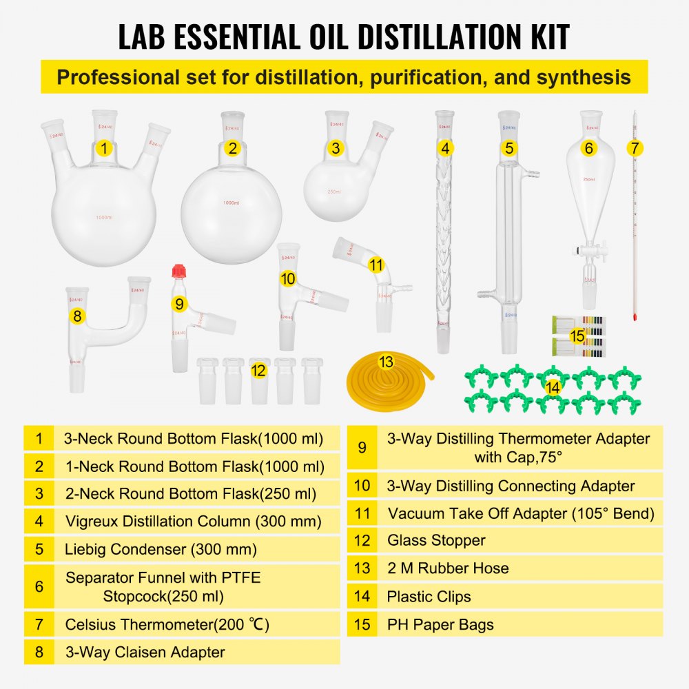 AMITOOLS New Laboratory Glassware 24/40 Chemistry Glassware 29PCS Chemistry Lab Glassware Kit 250 1000ml for Distillations Separation Purification Synthesis 24/40 29PCS