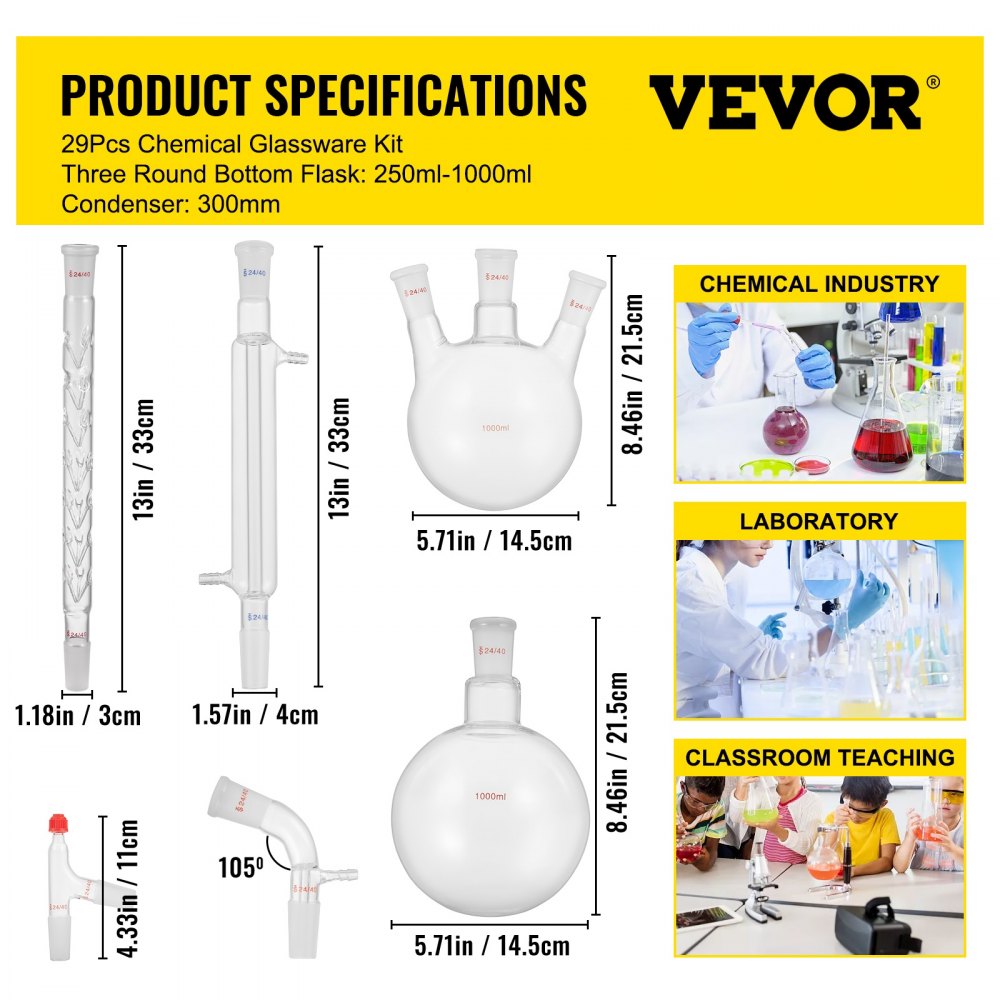 AMITOOLS New Laboratory Glassware 24/40 Chemistry Glassware 29PCS Chemistry Lab Glassware Kit 250 1000ml for Distillations Separation Purification Synthesis 24/40 29PCS