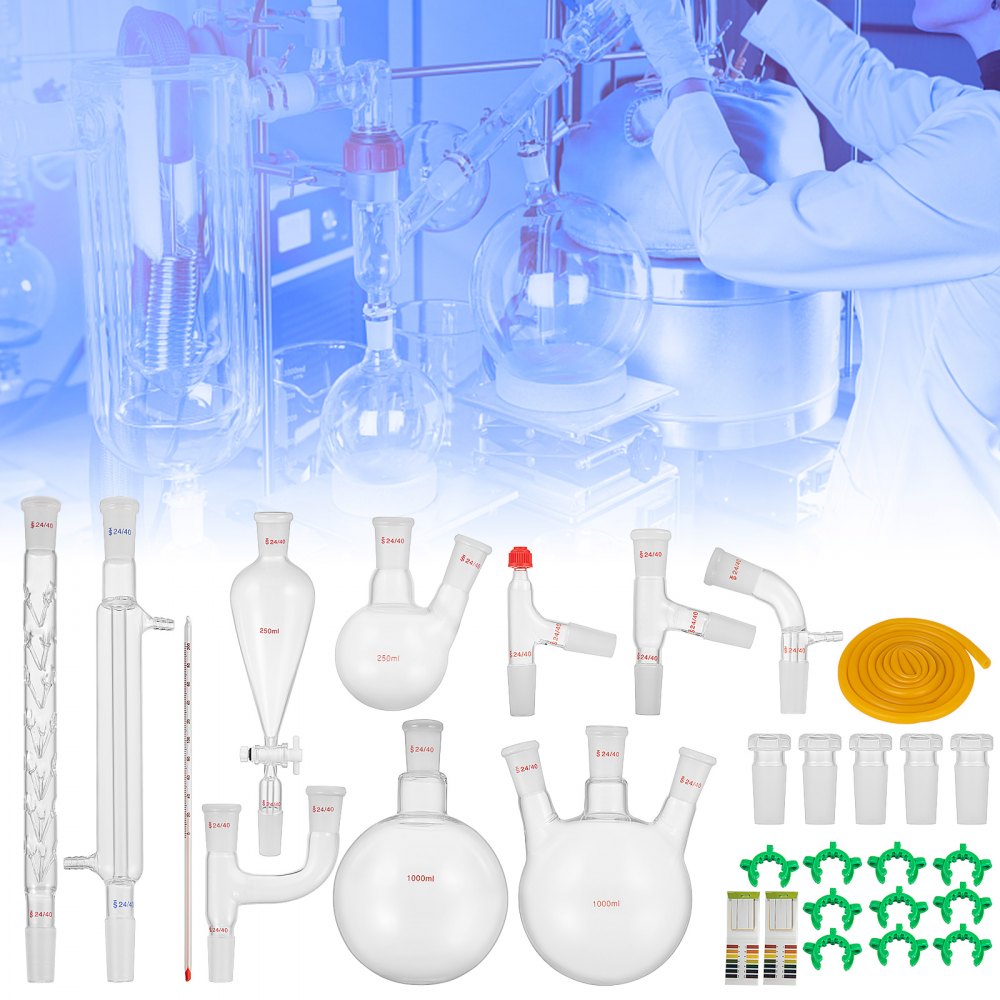 AMITOOLS New Laboratory Glassware 24/40 Chemistry Glassware 29PCS Chemistry Lab Glassware Kit 250 1000ml for Distillations Separation Purification Synthesis 24/40 29PCS