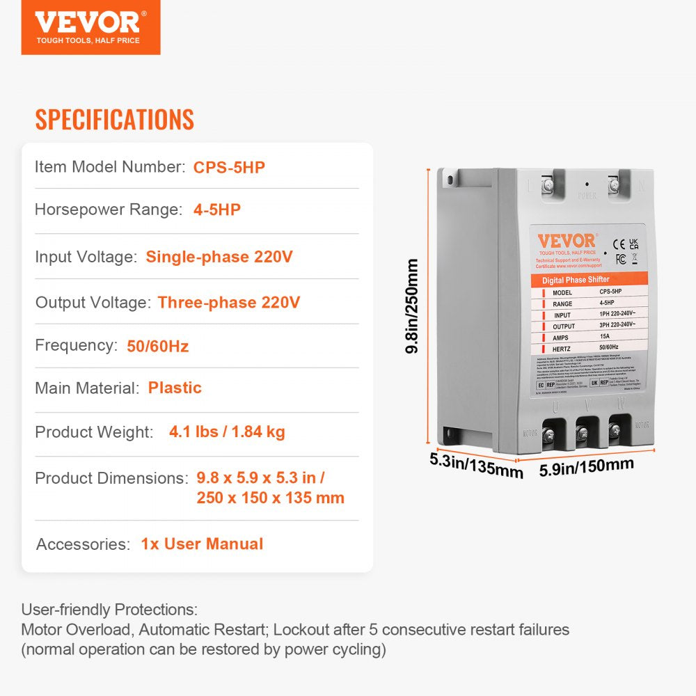 AMITOOLS 3 Phase Converter - 5HP 15A 220V Single Phase to 3 Phase Converter, Digital Phase Shifter for Residential and Light Commercial Use, 220V-240V Input/Output (One Converter for One Motor Only)