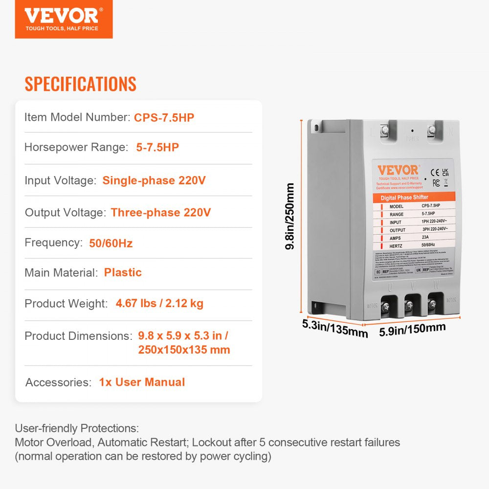 AMITOOLS 3 Phase Converter- 7.5HP 23A 220V Single Phase to 3 Phase Converter, Digital Phase Shifter for Residential & Light Commercial Use, 220V-240V Input/Output (One Converter Must Be Used on One Motor Only)