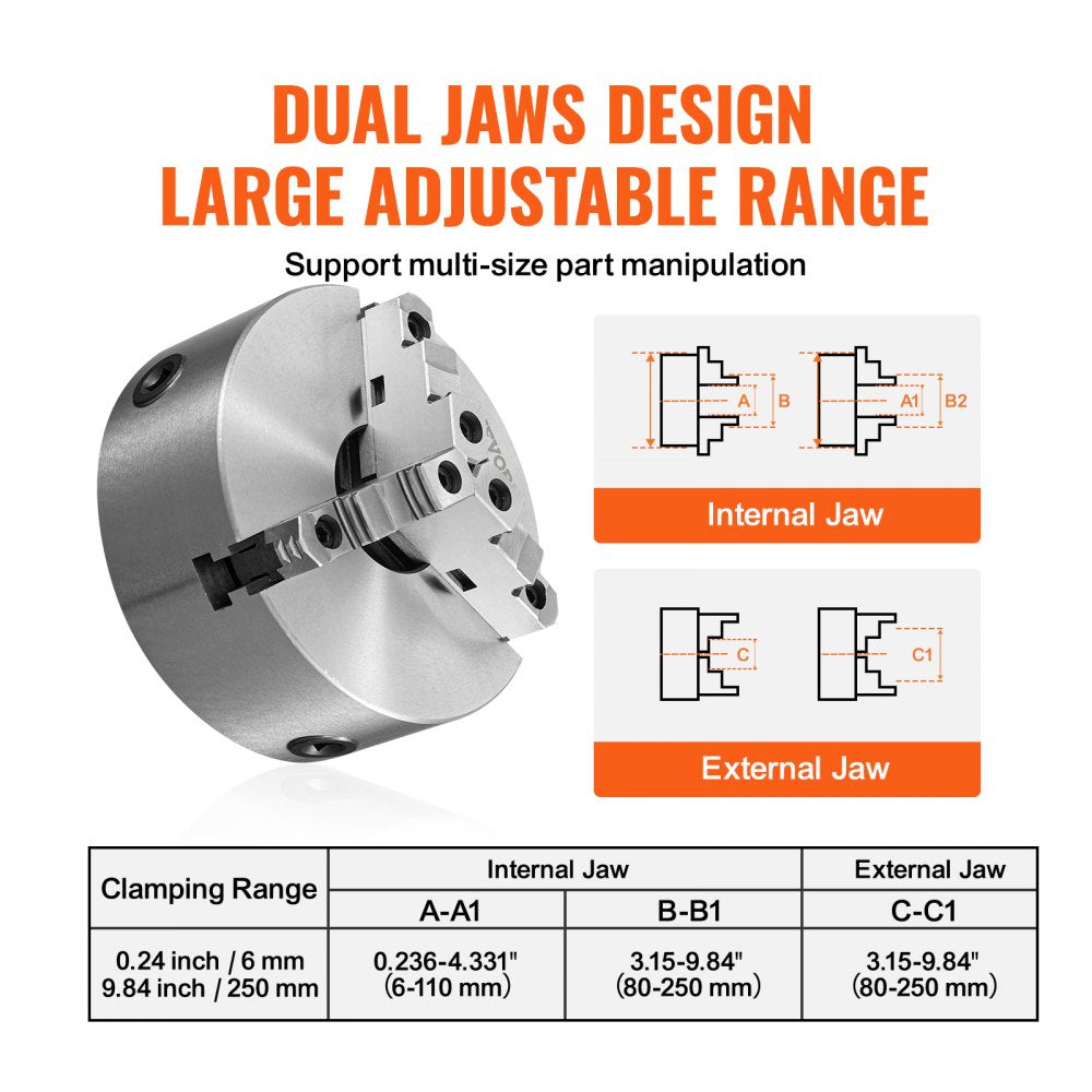 AMITOOLS 3-Jaw Lathe Chuck, 10'', Self-Centering Lathe Chuck, 0.24-9.84 in/6-250 mm Clamping Range with T-key Fixing Screws Hexagon Wrench, for Lathe 3D Printer Machining Center Milling Drilling Machine