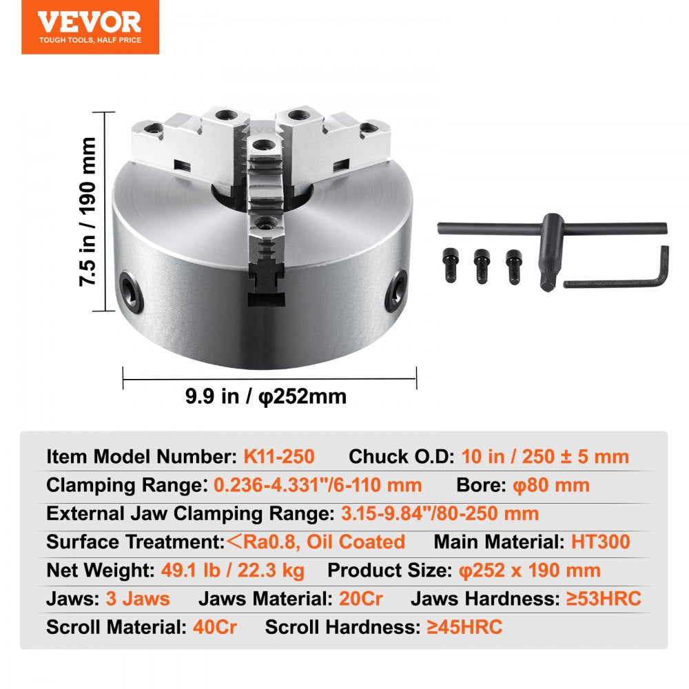 AMITOOLS 3-Jaw Lathe Chuck, 10'', Self-Centering Lathe Chuck, 0.24-9.84 in/6-250 mm Clamping Range with T-key Fixing Screws Hexagon Wrench, for Lathe 3D Printer Machining Center Milling Drilling Machine