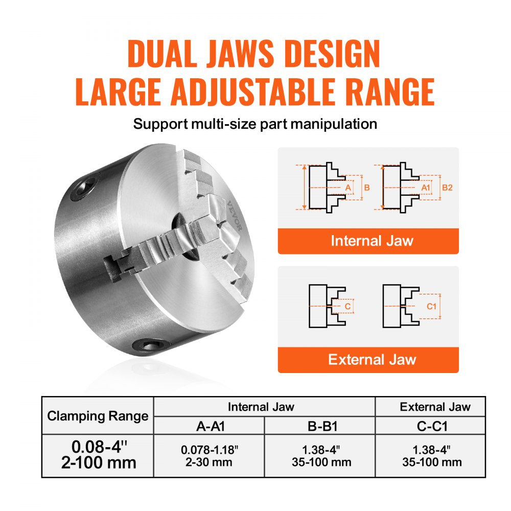 AMITOOLS 3-Jaw Lathe Chuck, 4'', Self-Centering Lathe Chuck, 0.08-4 in/2 -100 mm Clamping Range with T-key Fixing Screws Reversible Jaws, for Lathe 3D Printer Machining Center Milling Drilling Machine