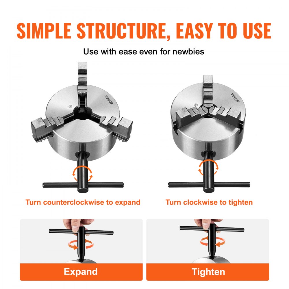 AMITOOLS 3-Jaw Lathe Chuck, 4'', Self-Centering Lathe Chuck, 0.08-4 in/2 -100 mm Clamping Range with T-key Fixing Screws Reversible Jaws, for Lathe 3D Printer Machining Center Milling Drilling Machine