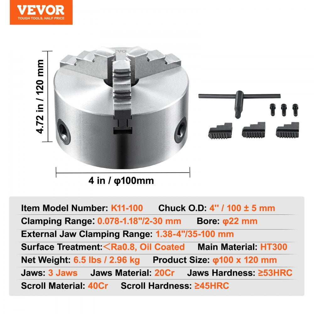 AMITOOLS 3-Jaw Lathe Chuck, 4'', Self-Centering Lathe Chuck, 0.08-4 in/2 -100 mm Clamping Range with T-key Fixing Screws Reversible Jaws, for Lathe 3D Printer Machining Center Milling Drilling Machine