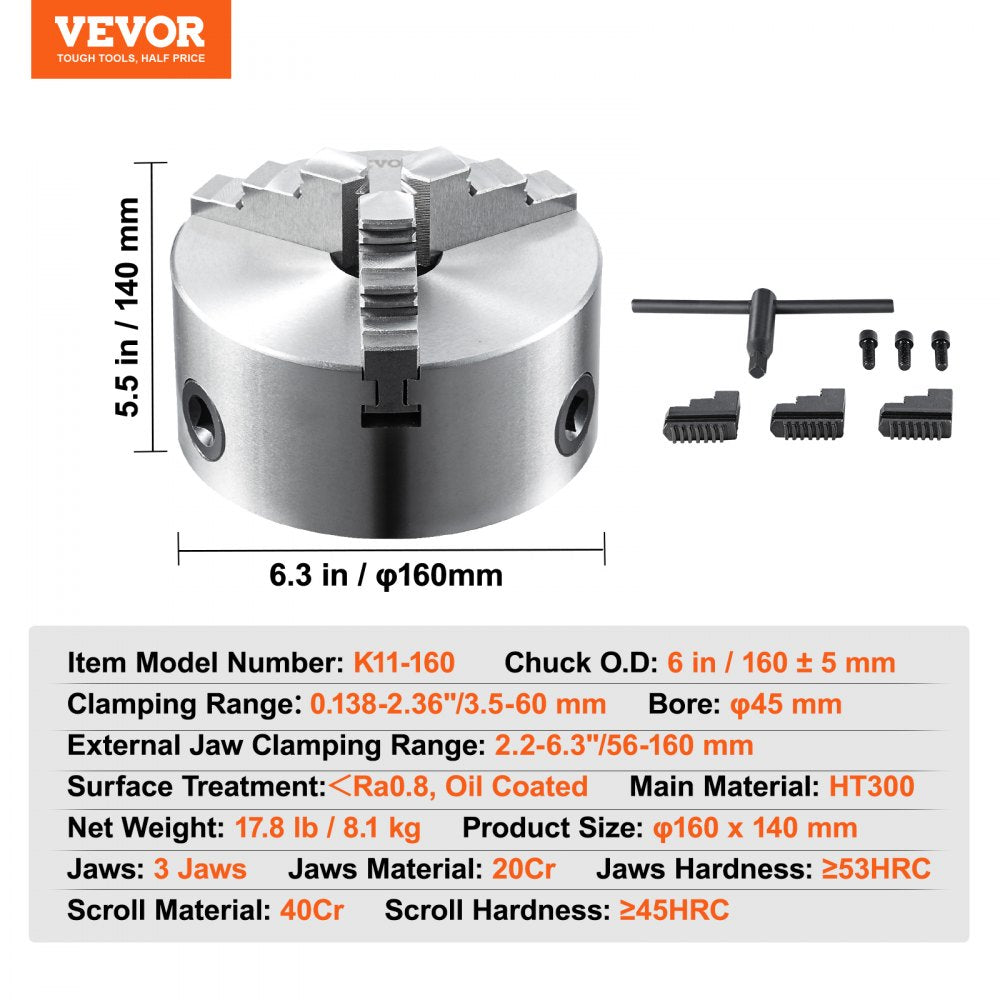 AMITOOLS 3-Jaw Lathe Chuck, 6'', Self-Centering Lathe Chuck, 0.14- 6.3 in/3.5-160 mm Clamping Range with T-key Fixing Screws Reversible Jaws, for Lathe 3D Printer Machining Center Milling Drilling Machin