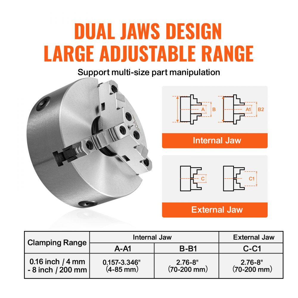 AMITOOLS 3-Jaw Lathe Chuck, 8'', Self-Centering Lathe Chuck, 0.16-8 in/4-200 mm Clamping Range with T-key Fixing Screws Hexagon Wrench, for Lathe 3D Printer Machining Center Milling Drilling Machine