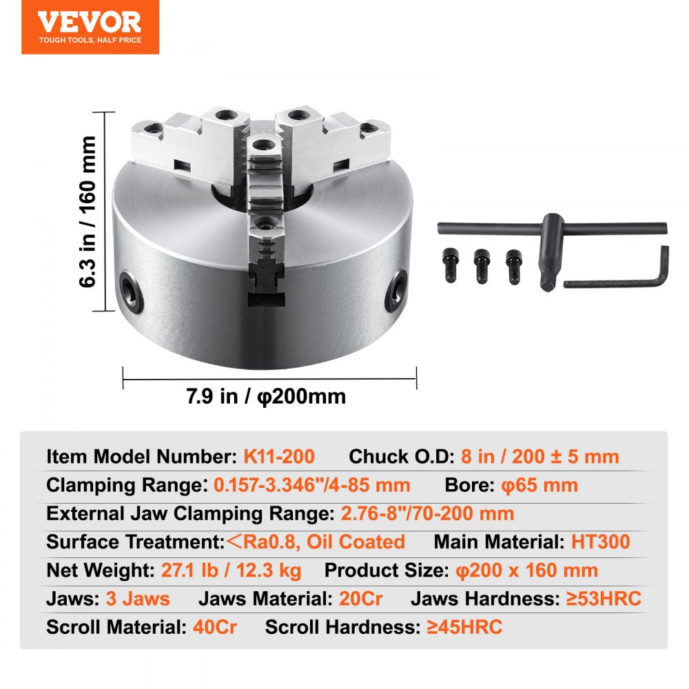 AMITOOLS 3-Jaw Lathe Chuck, 8'', Self-Centering Lathe Chuck, 0.16-8 in/4-200 mm Clamping Range with T-key Fixing Screws Hexagon Wrench, for Lathe 3D Printer Machining Center Milling Drilling Machine