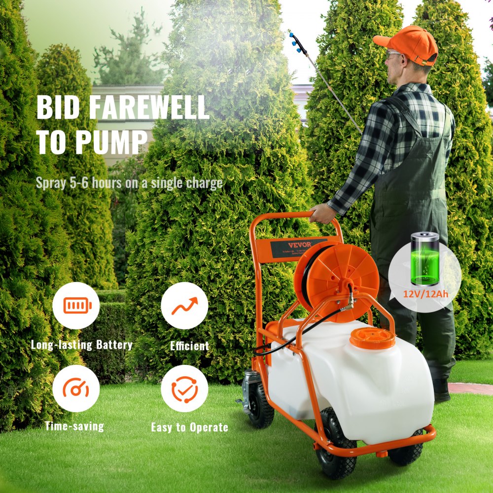 AMITOOLS Battery Powered Lawn Sprayer on Wheel, 0-90 PSI Adjustable Pressure, 15 Gallon Tank, Cart Sprayer with 8 Nozzles and 2 Wands, 12V 12Ah Battery, Wide Mouth Lid for Weeding, Spraying