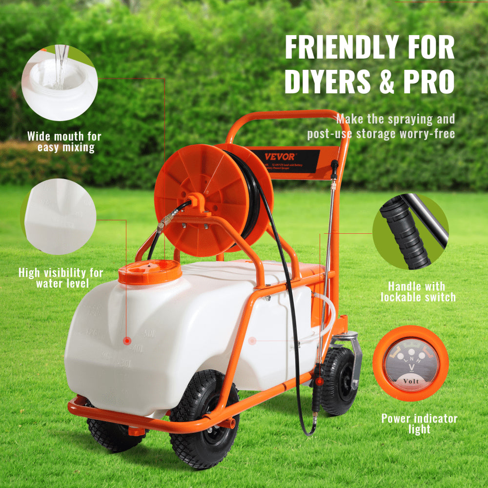 AMITOOLS Battery Powered Lawn Sprayer on Wheel, 0-90 PSI Adjustable Pressure, 15 Gallon Tank, Cart Sprayer with 8 Nozzles and 2 Wands, 12V 12Ah Battery, Wide Mouth Lid for Weeding, Spraying