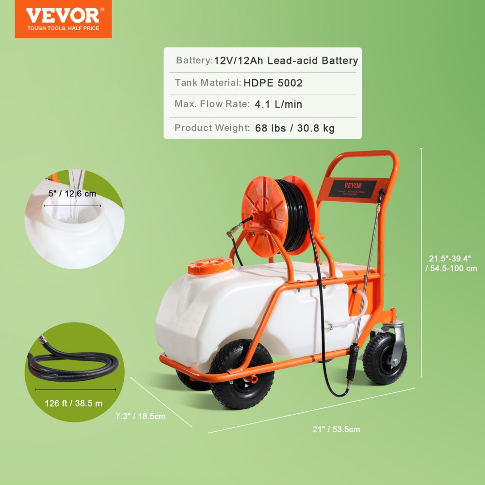 AMITOOLS Battery Powered Lawn Sprayer on Wheel, 0-90 PSI Adjustable Pressure, 15 Gallon Tank, Cart Sprayer with 8 Nozzles and 2 Wands, 12V 12Ah Battery, Wide Mouth Lid for Weeding, Spraying