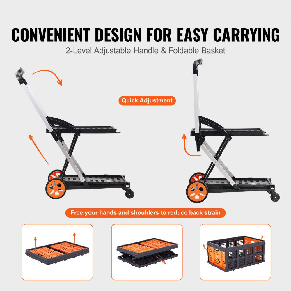 AMITOOLS Multi Use Functional Collapsible Cart, 198 lbs Capacity 2-Tier Folding Shopping Cart with Wheels, Collapsible Utility Cart with Storage Crate, 2 in 1 Hand Truck for Grocery/Luggage/Moving/Office