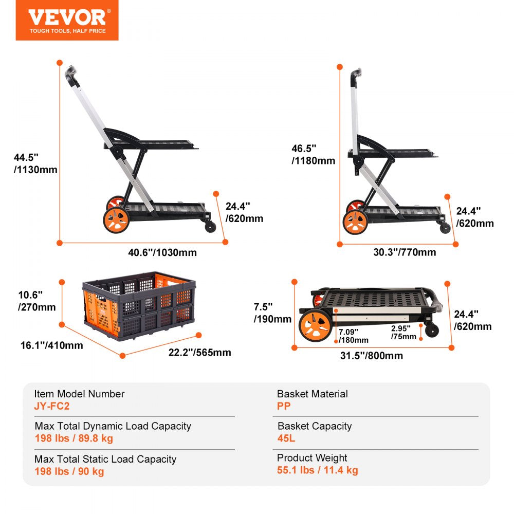 AMITOOLS Multi Use Functional Collapsible Cart, 198 lbs Capacity 2-Tier Folding Shopping Cart with Wheels, Collapsible Utility Cart with Storage Crate, 2 in 1 Hand Truck for Grocery/Luggage/Moving/Office