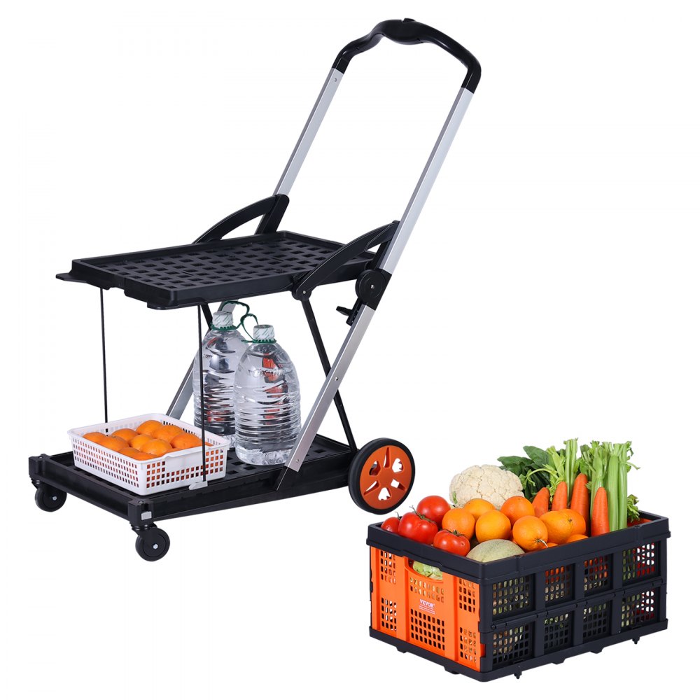 AMITOOLS Multi Use Functional Collapsible Cart, 198 lbs Capacity 2-Tier Folding Shopping Cart with Wheels, Collapsible Utility Cart with Storage Crate, 2 in 1 Hand Truck for Grocery/Luggage/Moving/Office