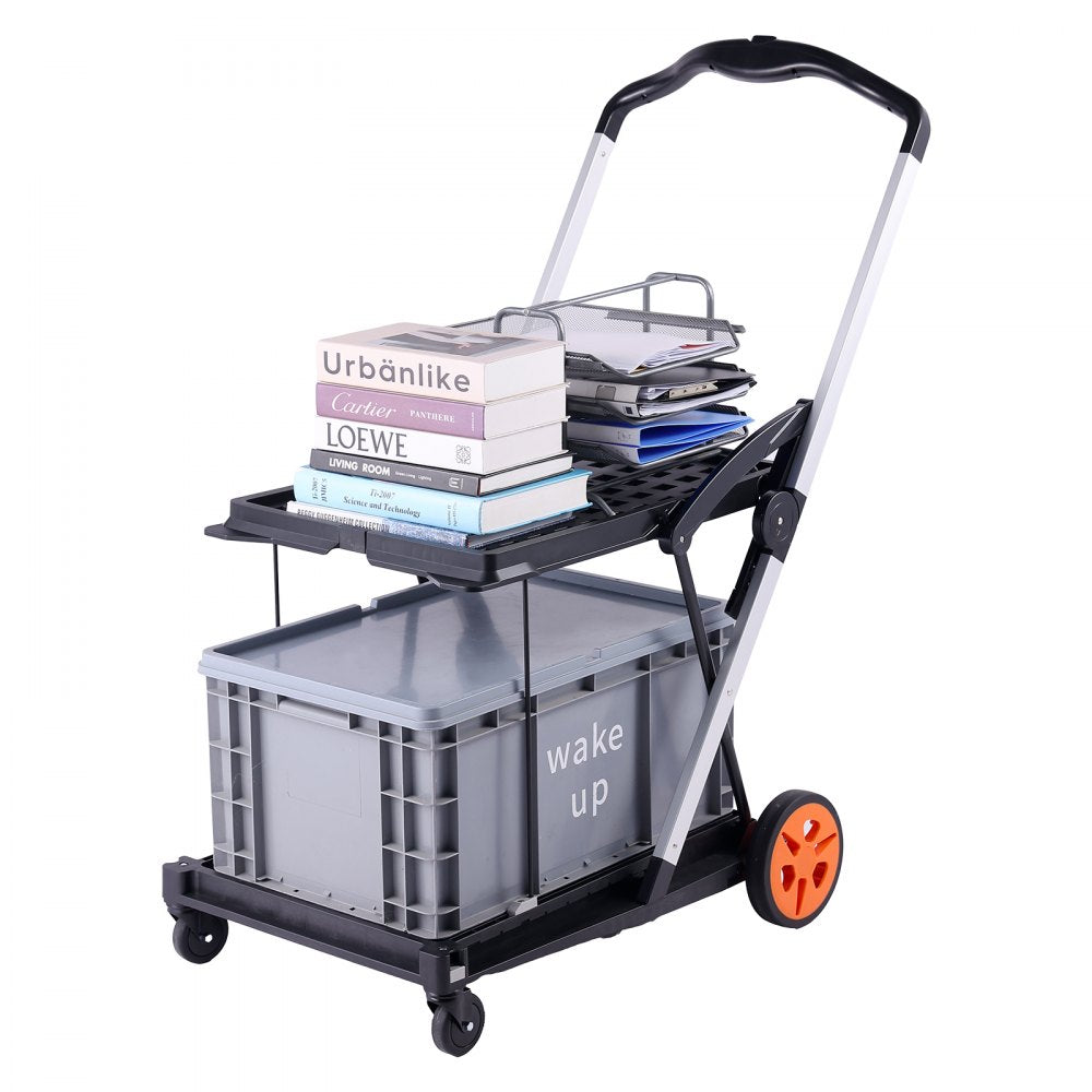 AMITOOLS Multi Use Functional Collapsible Cart, 198 lbs Capacity 2-Tier Folding Shopping Cart with Wheels, Collapsible Utility Cart with Storage Crate, 2 in 1 Hand Truck for Grocery/Luggage/Moving/Office