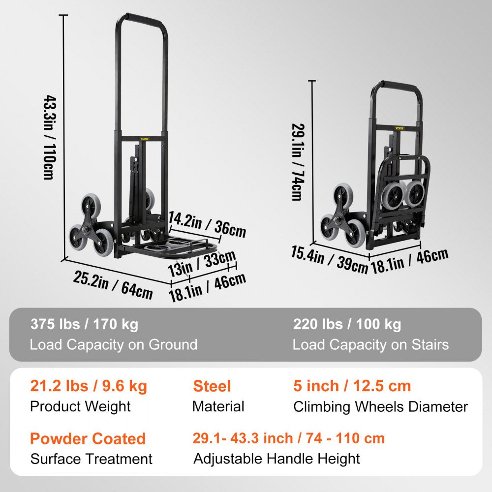 AMITOOLS Stair Climbing Hand Truck, Heavy-Duty Hand Cart Dolly 375 lbs Load Capacity, Foldable Stair Climber Hand Trucks with Adjustable Handle, All Terrain Cart for Stairs with 10 Wheels