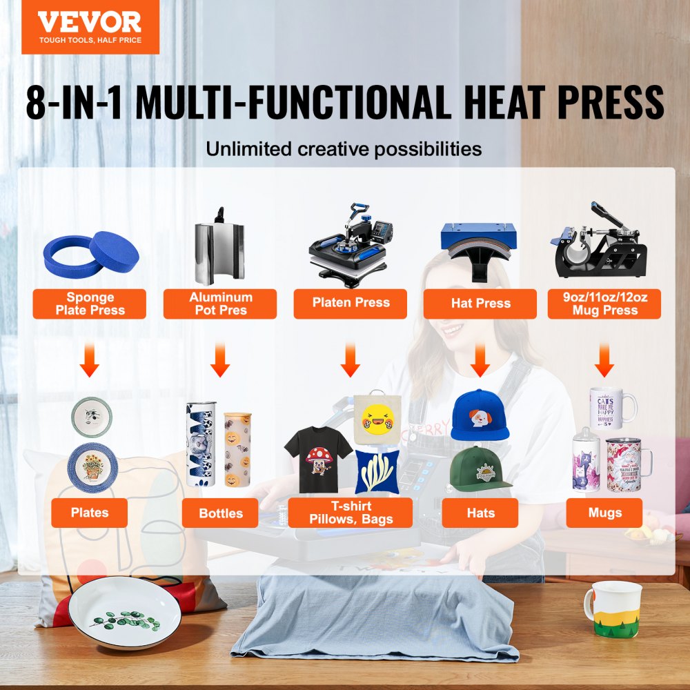 AMITOOLS Heat Press Machine 12 x 15 Inch 8 in 1 Heat Press Sublimation Machine 360° Rotation Swing Away 8 in 1 Shirt Printing Machine Dual-Tube Heating for DIY T-Shirts Cap & Mugs Blue