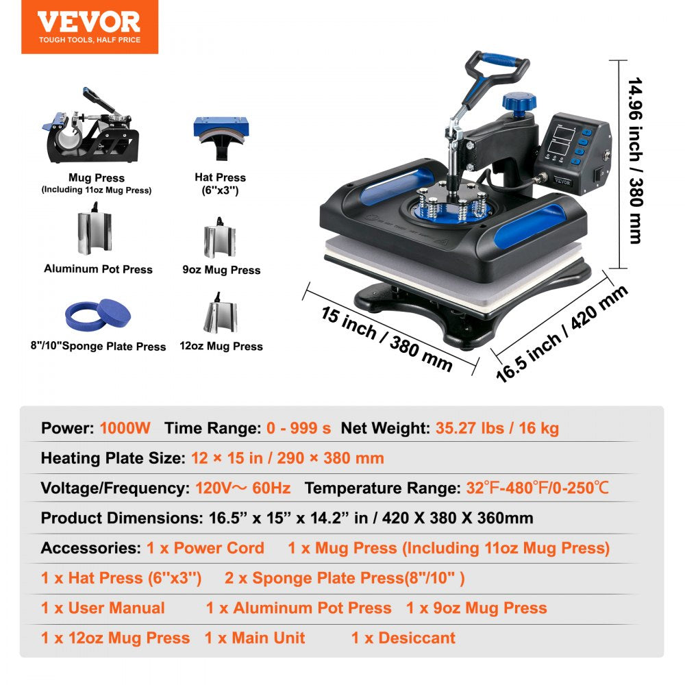 AMITOOLS Heat Press Machine 12 x 15 Inch 8 in 1 Heat Press Sublimation Machine 360° Rotation Swing Away 8 in 1 Shirt Printing Machine Dual-Tube Heating for DIY T-Shirts Cap & Mugs Blue