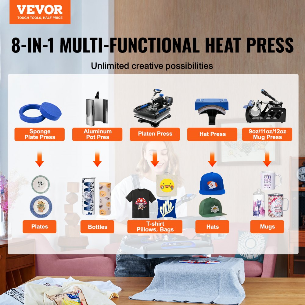 AMITOOLS Heat Press Machine 15 x 15 Inch 8 in 1 Heat Press 800W Sublimation Machine 360° Rotation Swing Away 8 in 1 Shirt Printing Machine Dual-Tube Heating for DIY T-Shirts Cap & Mugs Blue