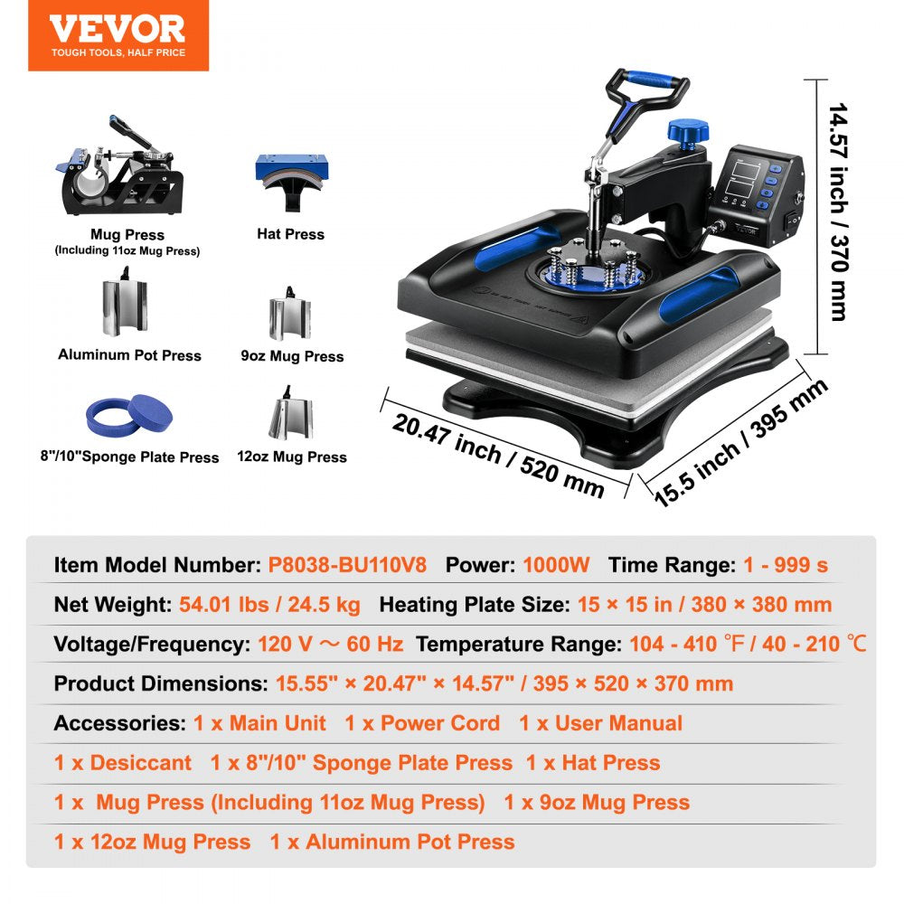 AMITOOLS Heat Press Machine 15 x 15 Inch 8 in 1 Heat Press 800W Sublimation Machine 360° Rotation Swing Away 8 in 1 Shirt Printing Machine Dual-Tube Heating for DIY T-Shirts Cap & Mugs Blue