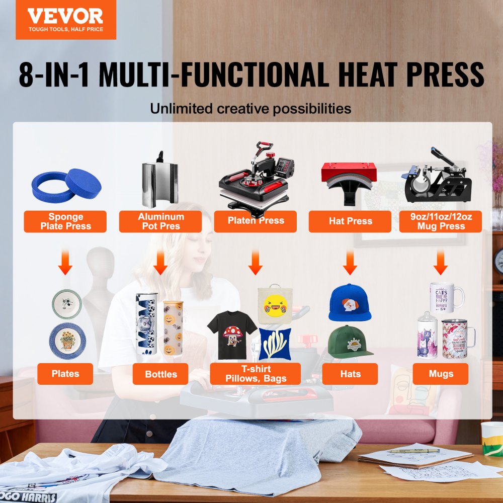 AMITOOLS Heat Press Machine 12 x 15 Inch 8 in 1 Heat Press Sublimation Machine 360° Rotation Swing Away 8 in 1 Shirt Printing Machine Dual-Tube Heating for DIY T-Shirts Cap & Mugs Red