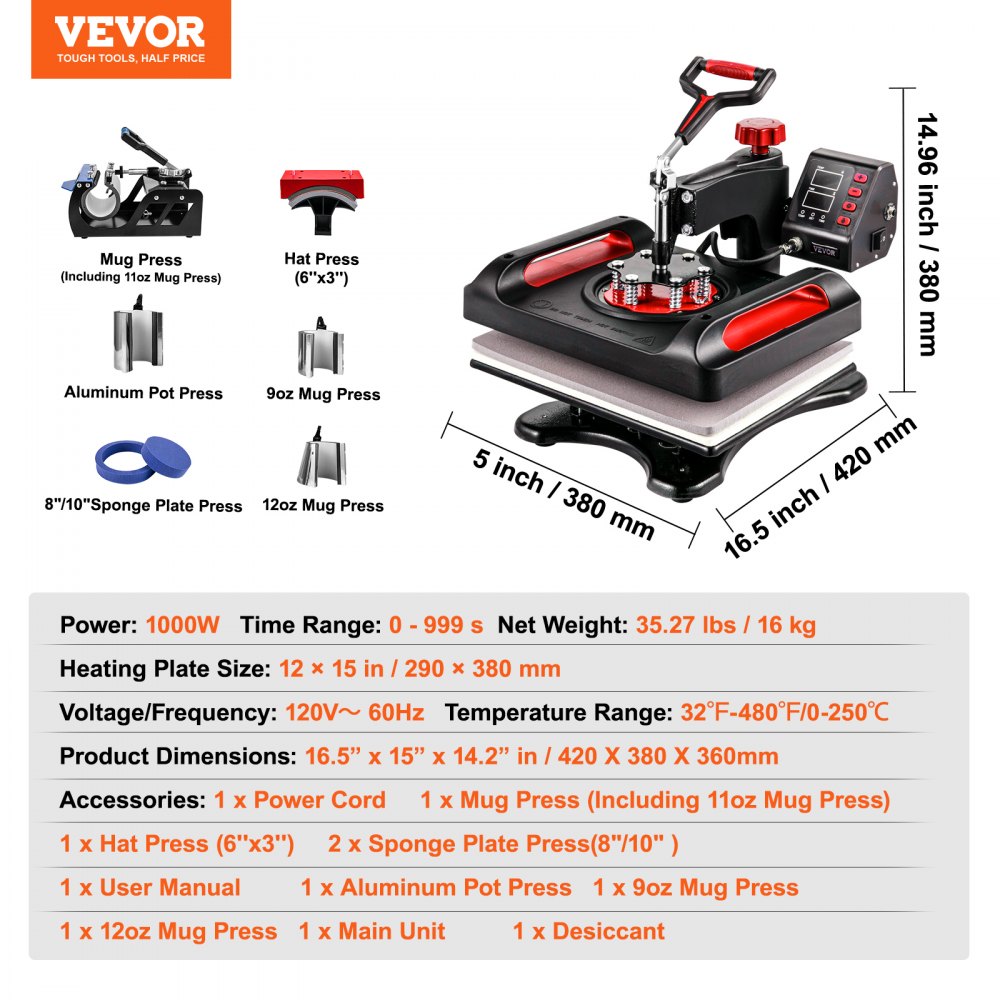 AMITOOLS Heat Press Machine 12 x 15 Inch 8 in 1 Heat Press Sublimation Machine 360° Rotation Swing Away 8 in 1 Shirt Printing Machine Dual-Tube Heating for DIY T-Shirts Cap & Mugs Red