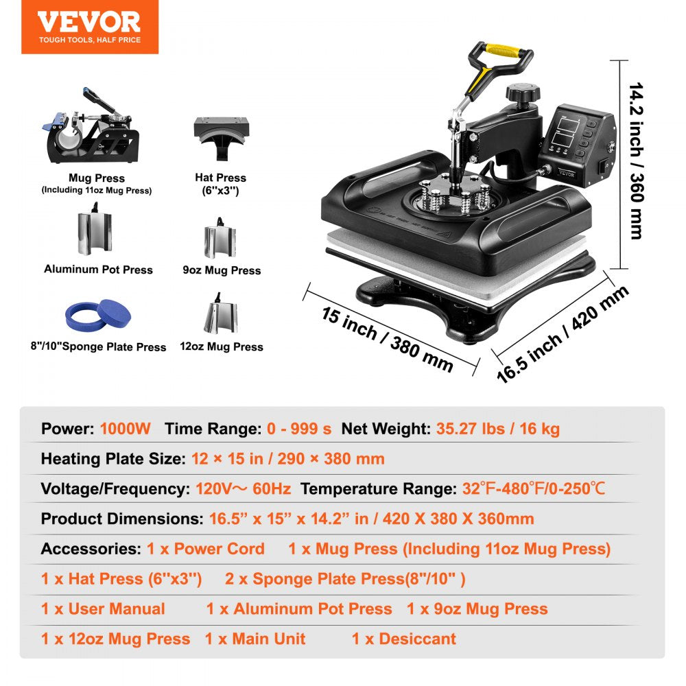 AMITOOLS Upgrade Heat Press Machine ETL Quality & Safety Certificated 12 x 15 in 8 in 1 Heat Press Power-Saving Combo Multifunctional Sublimation 360°Rotation Heat Press Shirt Printing Machine Black