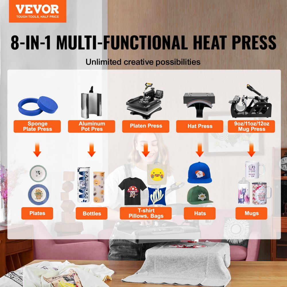 AMITOOLS Heat Press Machine, 15x15in 8in1 Heat Press, 800W Sublimation Machine, 360° Rotation Swing-Away Heat Press, Dual-Tube Heating Printing for DIY T-Shirts Cap Mugs (Black)