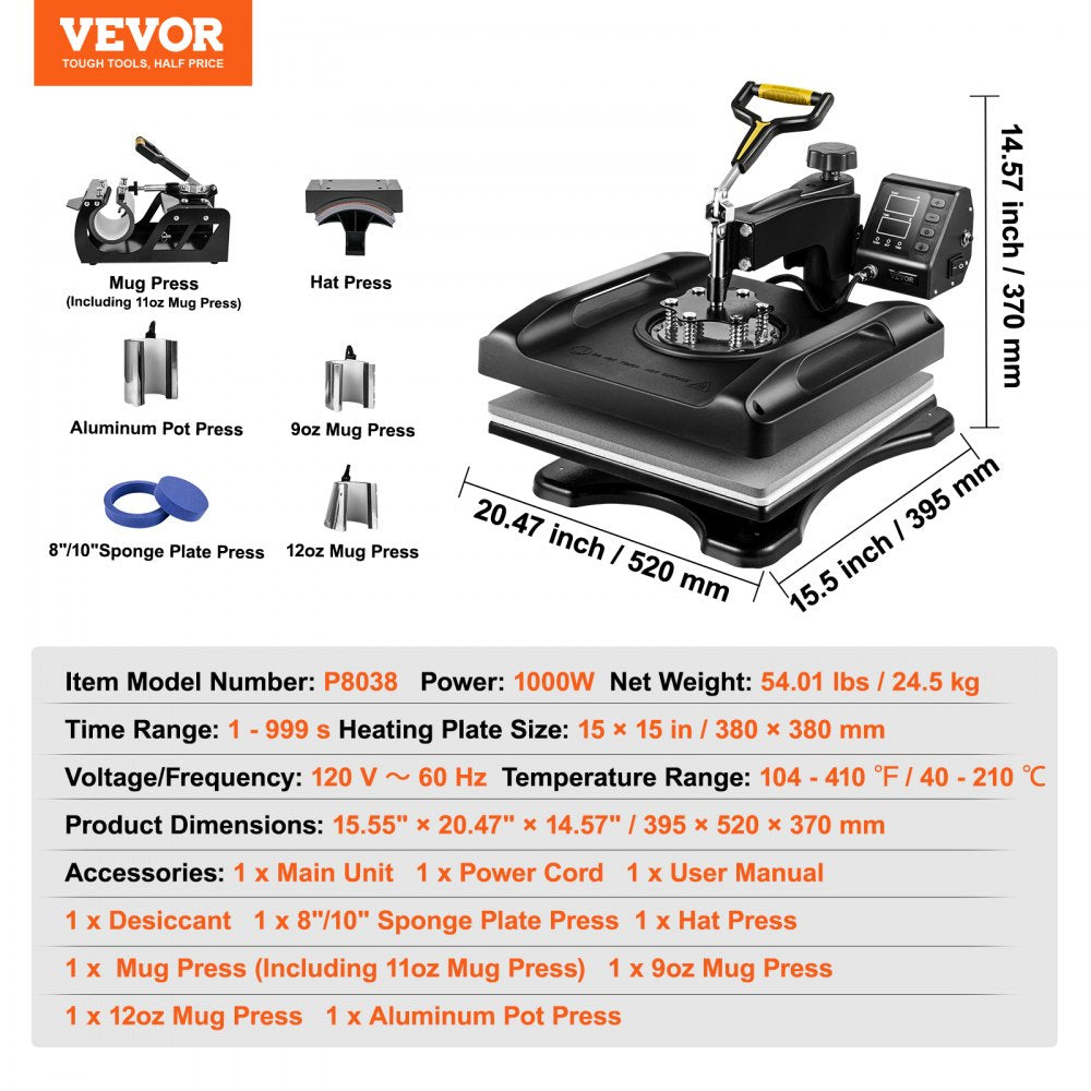 AMITOOLS Heat Press Machine, 15x15in 8in1 Heat Press, 800W Sublimation Machine, 360° Rotation Swing-Away Heat Press, Dual-Tube Heating Printing for DIY T-Shirts Cap Mugs (Black)