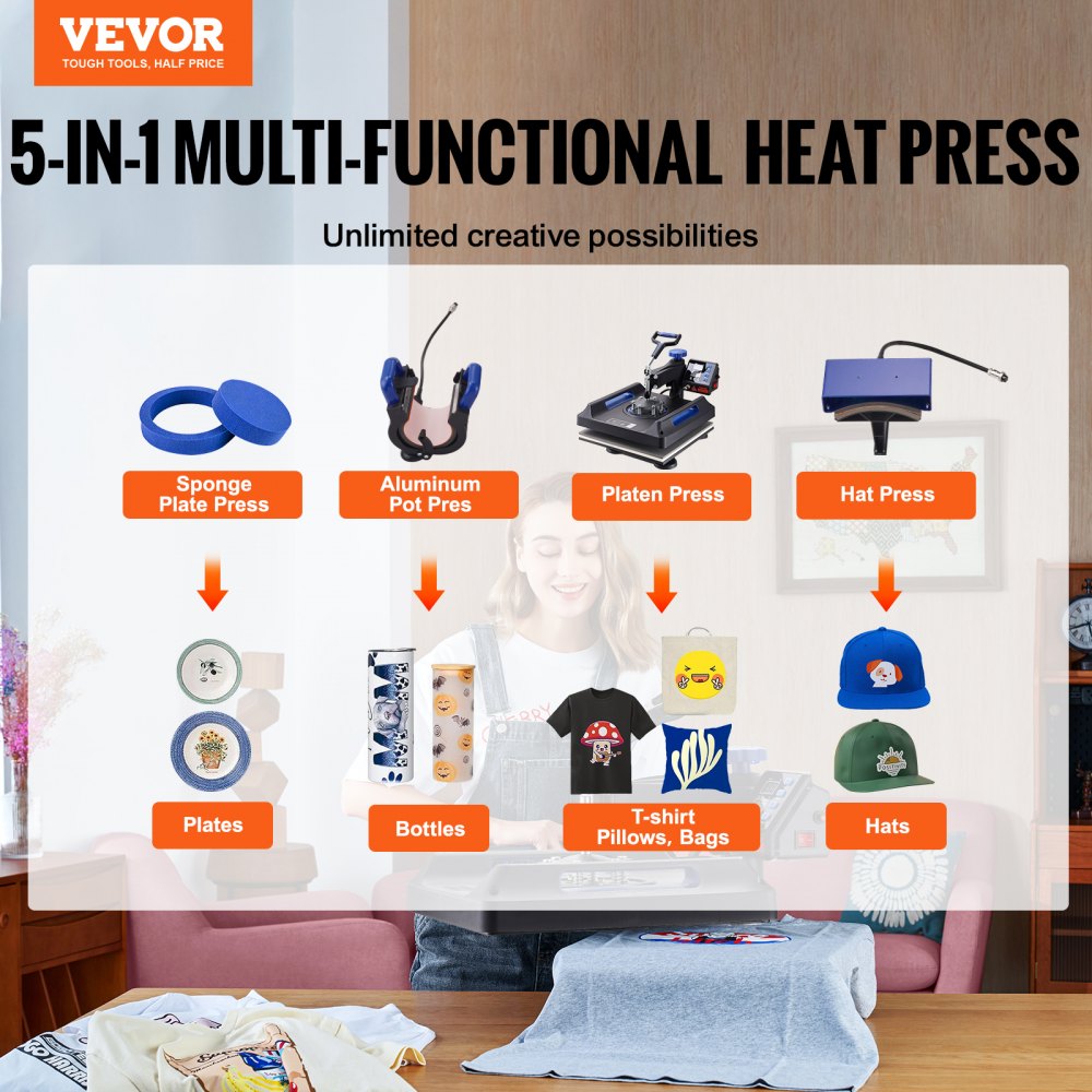 AMITOOLS Heat Press 15x15, Upgraded Heat Press Machine 5 in 1, Anti-Scald, Fast-Heating, Swing Away Digital Control Multifunction Heat Press for Sublimation Combo for T-Shirt Hat Cap Mug Plate