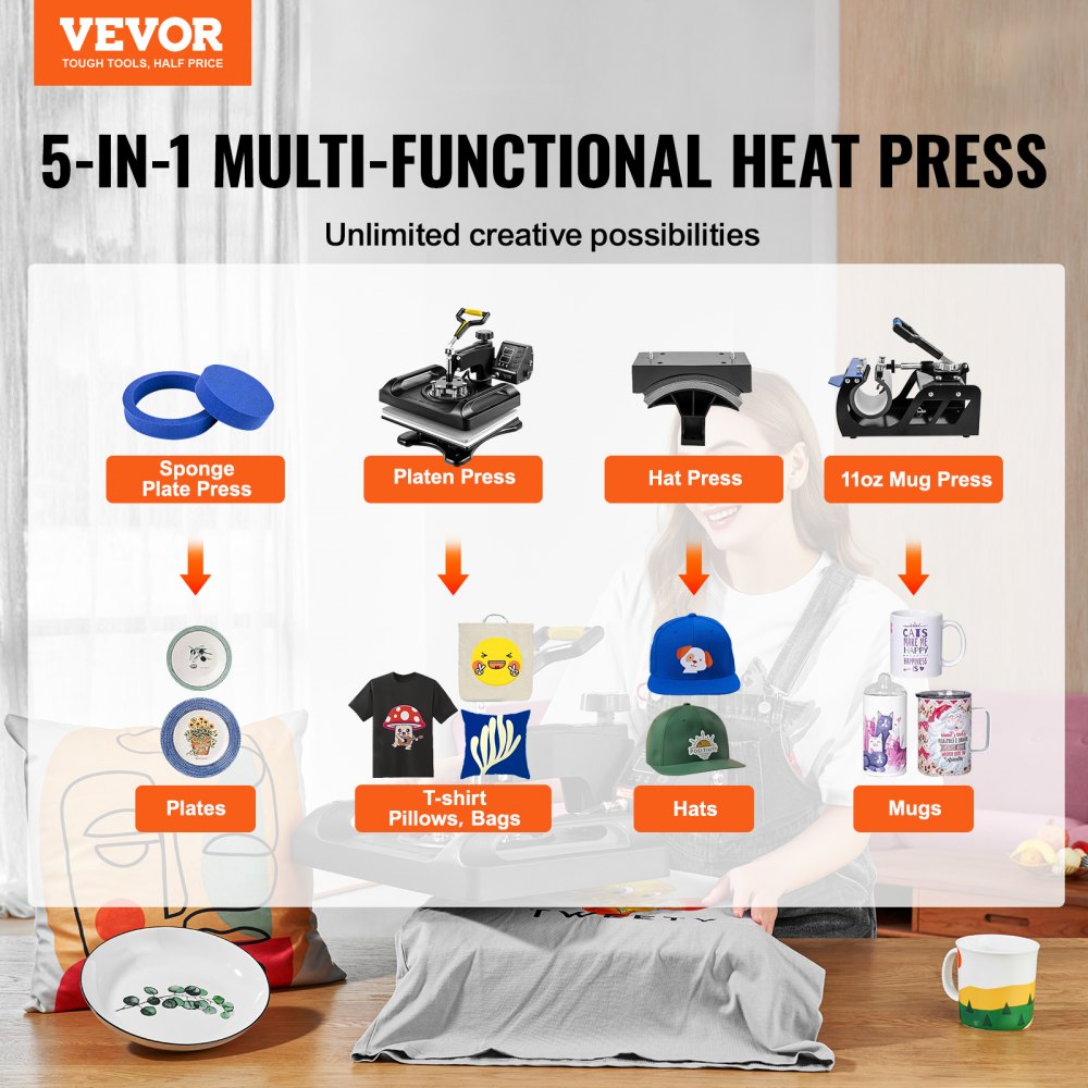 AMITOOLS Pro Heat Press Machine, 12 x 15 Inches, Fast Heating, 5 in 1 Combo 360 Swing Away Digital Sublimation T-Shirt Vinyl Transfer Printer with Anti-Scald Surface, Hat, Mug, Plate, ETL Listed, Black