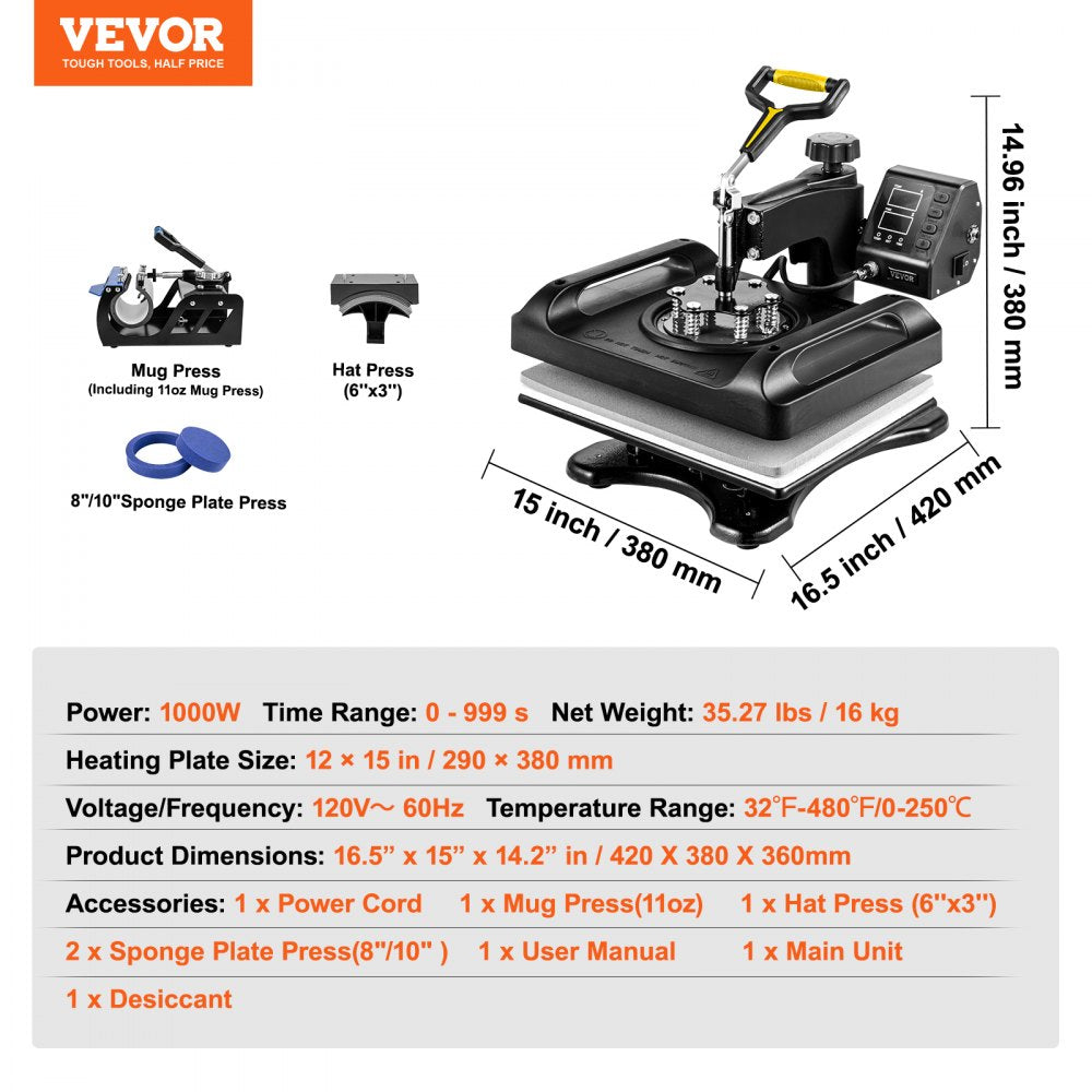 AMITOOLS Pro Heat Press Machine, 12 x 15 Inches, Fast Heating, 5 in 1 Combo 360 Swing Away Digital Sublimation T-Shirt Vinyl Transfer Printer with Anti-Scald Surface, Hat, Mug, Plate, ETL Listed, Black