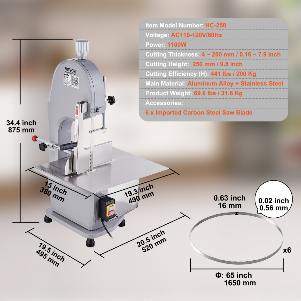 AMITOOLS Commercial Electric Meat Bandsaw, 1100W Stainless Steel Countertop Bone Sawing Machine, Workbeach 19.3