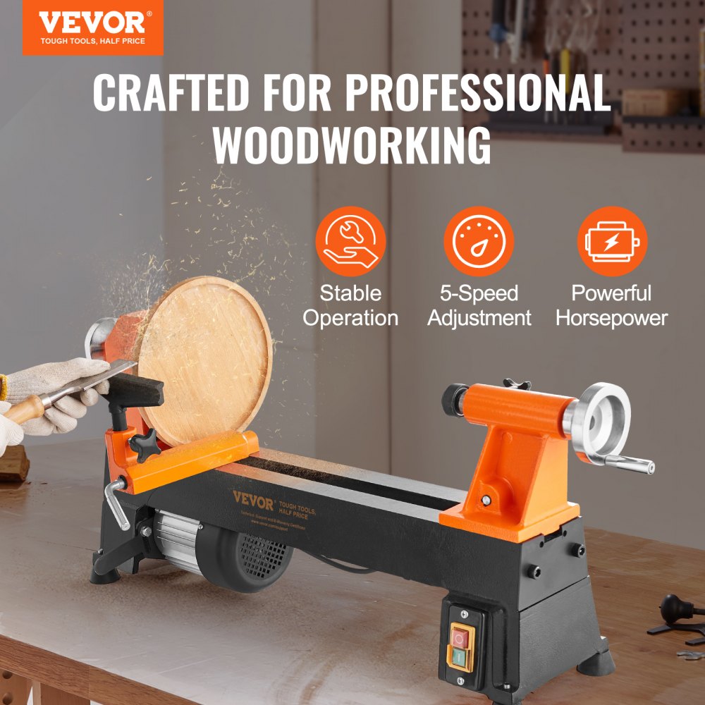 AMITOOLS Benchtop Wood Lathe, 10 in x 18 in, 0.5 HP 370W Power Wood Turning Lathe Machine, 5 Variable Speeds 780/1320/1920/2640/3840 RPM with Rod Injection Wrenches Faceplate Foot Pads, for Woodworking