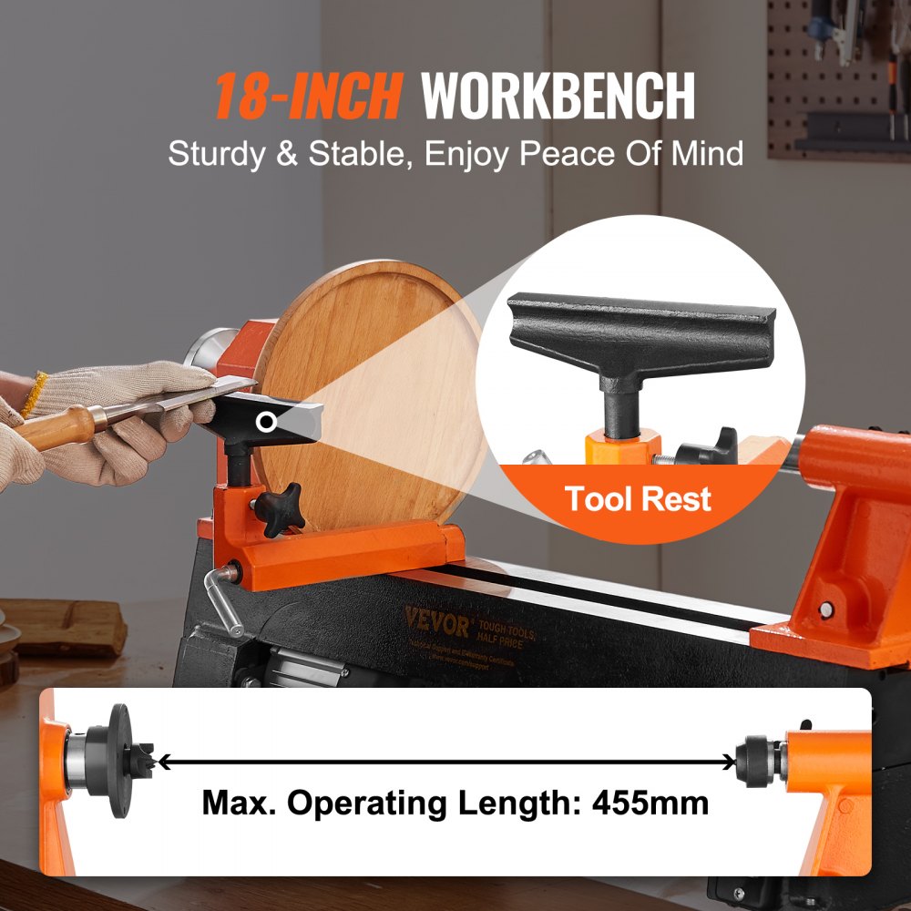 AMITOOLS Benchtop Wood Lathe, 10 in x 18 in, 0.5 HP 370W Power Wood Turning Lathe Machine, 5 Variable Speeds 780/1320/1920/2640/3840 RPM with Rod Injection Wrenches Faceplate Foot Pads, for Woodworking