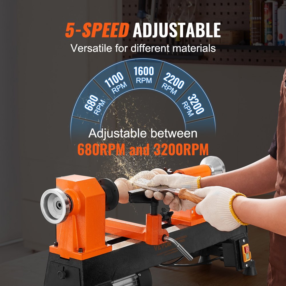 AMITOOLS Benchtop Wood Lathe, 10 in x 18 in, 0.5 HP 370W Power Wood Turning Lathe Machine, 5 Variable Speeds 780/1320/1920/2640/3840 RPM with Rod Injection Wrenches Faceplate Foot Pads, for Woodworking