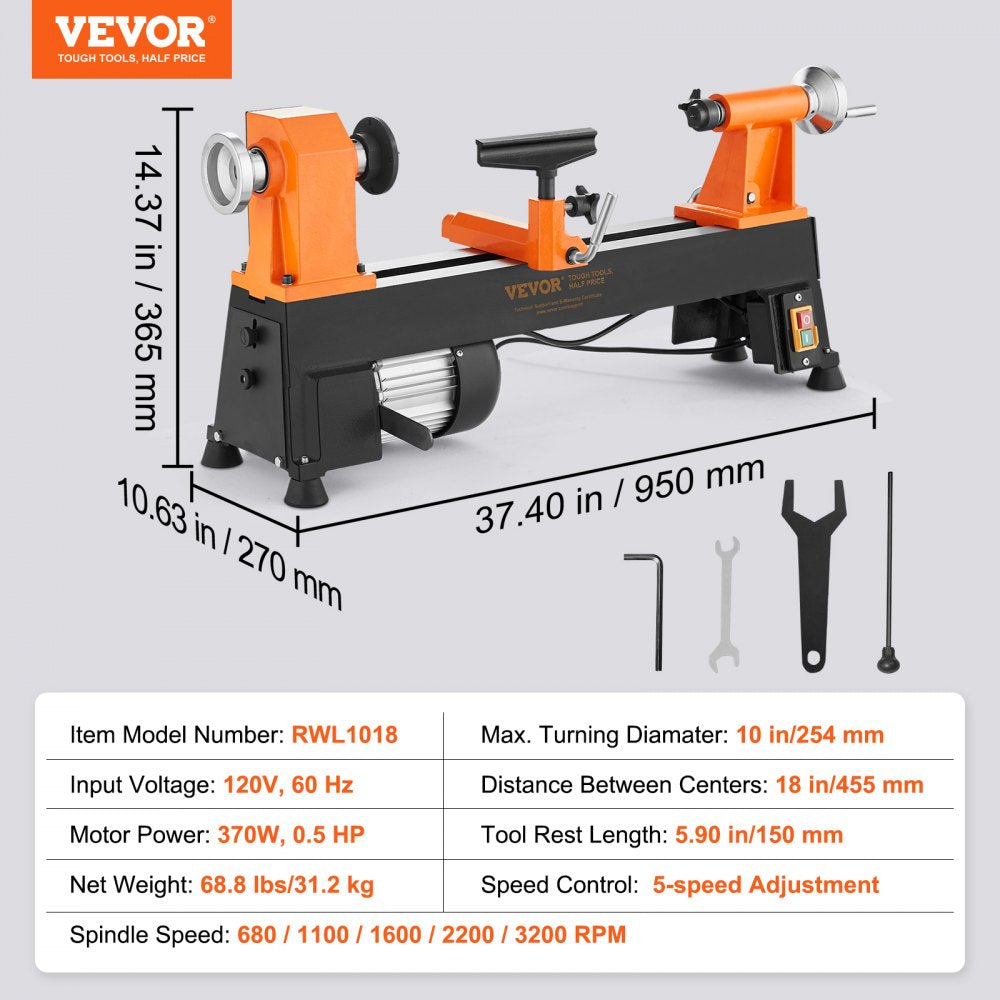 AMITOOLS Benchtop Wood Lathe, 10 in x 18 in, 0.5 HP 370W Power Wood Turning Lathe Machine, 5 Variable Speeds 780/1320/1920/2640/3840 RPM with Rod Injection Wrenches Faceplate Foot Pads, for Woodworking