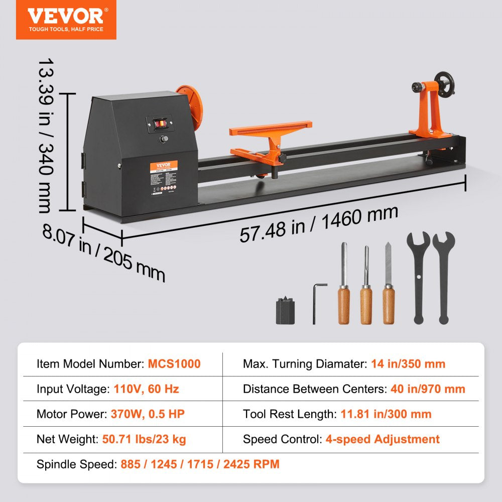 AMITOOLS Benchtop Wood Lathe, 14 in x 40 in, 0.5 HP 370W Power Wood Turning Lathe Machine, 4 Speed Adjustable 885/1245/1715/2425 RPM with Chisels Faceplate Plastic Handle Hex Wrench, for Woodworking