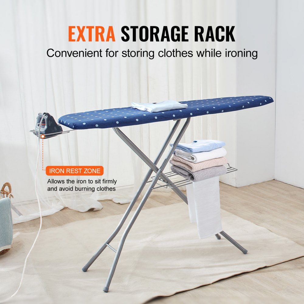 AMITOOLS Ironing Board with Bottom Storage Tray, Thickened 4 Layers Iron Board with Heat Resistant Cover and 100% Cotton Cover, 10 Adjustable Heights Ironing Board for Home Laundry Room Use (Size 55x15)