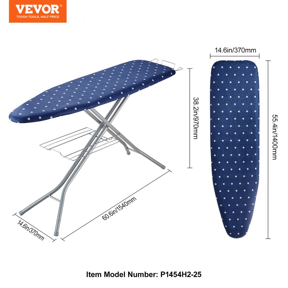 AMITOOLS Ironing Board with Bottom Storage Tray, Thickened 4 Layers Iron Board with Heat Resistant Cover and 100% Cotton Cover, 10 Adjustable Heights Ironing Board for Home Laundry Room Use (Size 55x15)