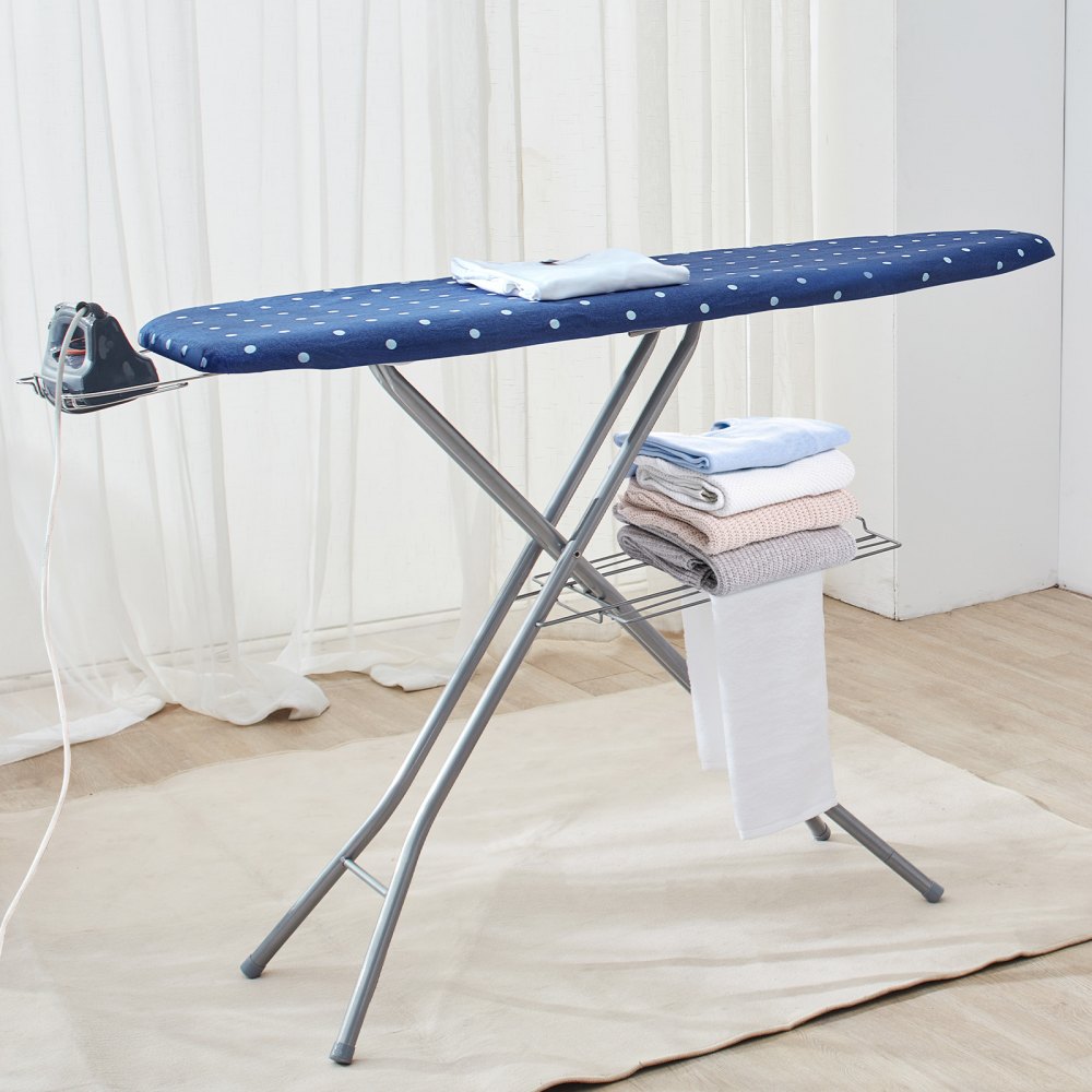 AMITOOLS Ironing Board with Bottom Storage Tray, Thickened 4 Layers Iron Board with Heat Resistant Cover and 100% Cotton Cover, 10 Adjustable Heights Ironing Board for Home Laundry Room Use (Size 55x15)