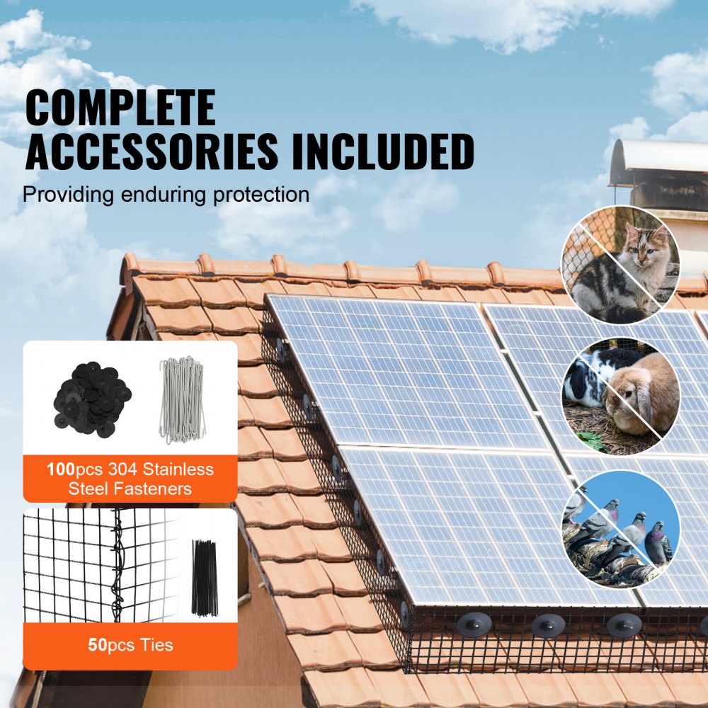 AMITOOLS 8 inch x 100ft Solar Panel Bird Guard, Critter Guard Roll Kit with 100pcs Stainless Steel Fasteners, Solar Panel Guard with Rust-proof PVC Coating, 1/2 inch Wire Roll Mesh