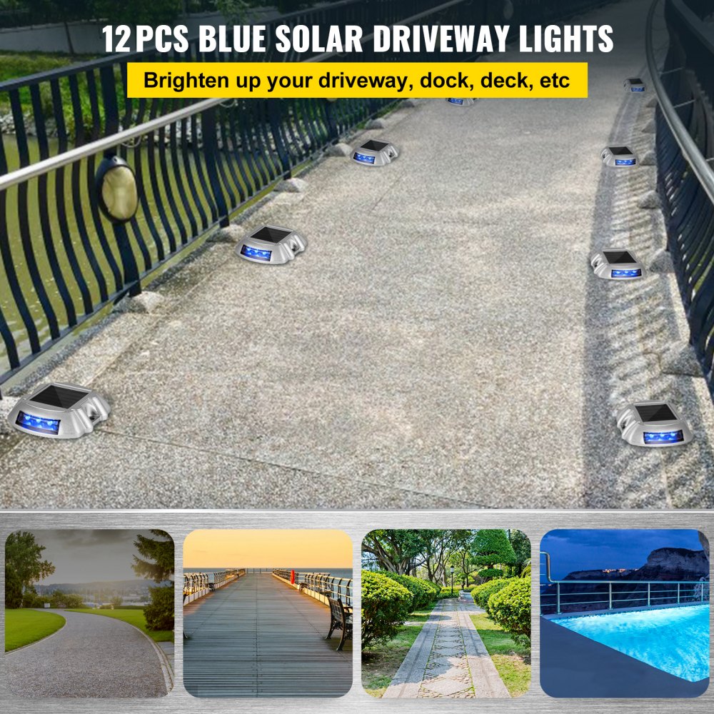 AMITOOLS Driveway Lights 12-Pack Solar Driveway Lights Bright Blue Solar Deck Lights Outdoor Waterproof Wireless Dock Lights 6 LEDs for Deck Dock Driveway Path Warning Garden Walkway Sidewalk Steps